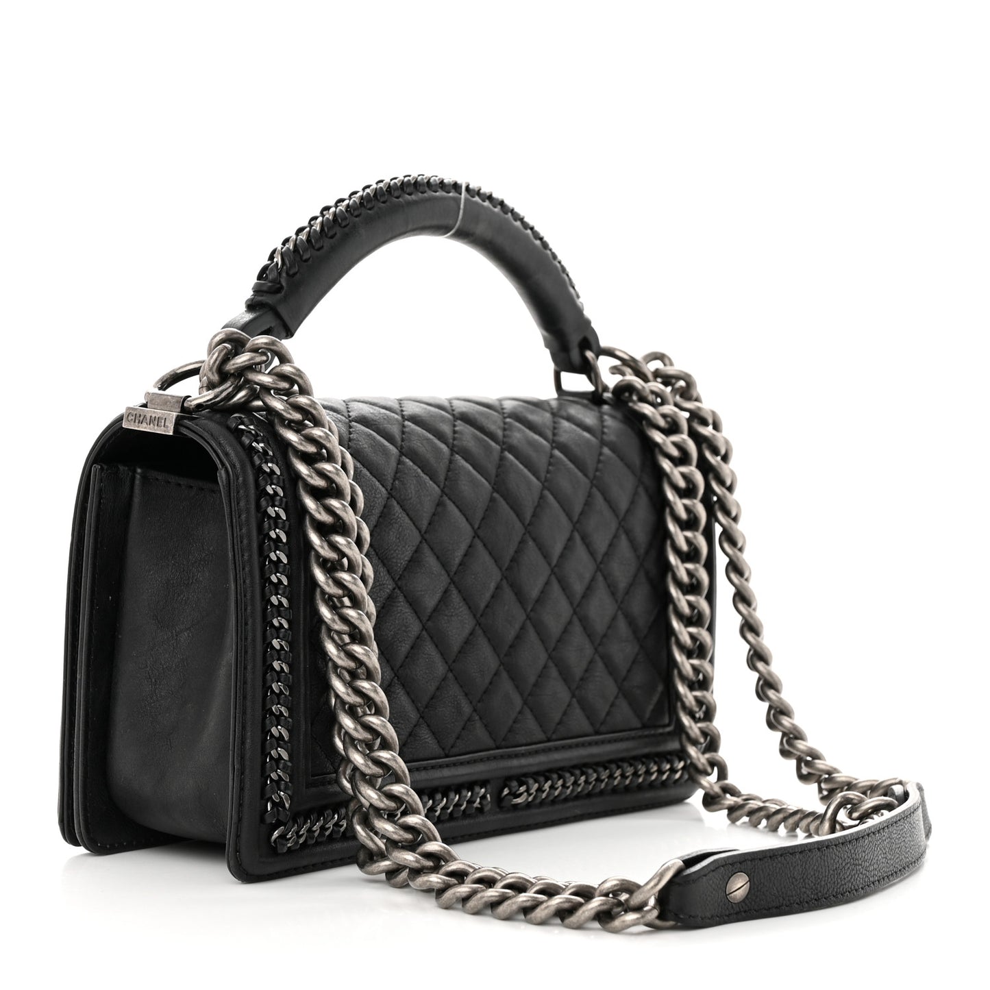 Calfskin Quilted Medium Boy Top Handle Flap Black