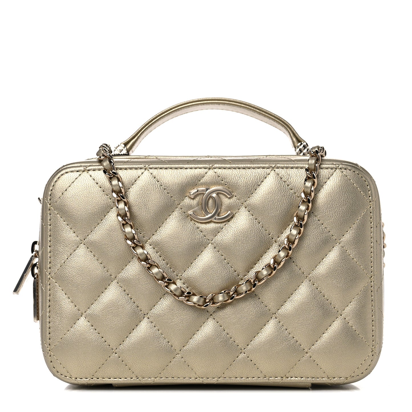 Metallic Lambskin Quilted Top Handle Vanity Case Gold