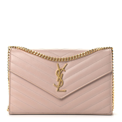 Saint Laurent Grain De Poudre Matelasse Chevron Monogram Chain Wallet Pale Pink 1 of 16