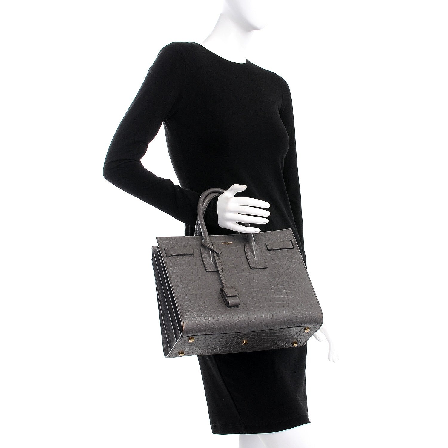 Saint Laurent Calfskin Crocodile Embossed Small Sac De Jour Earth 3 of 15