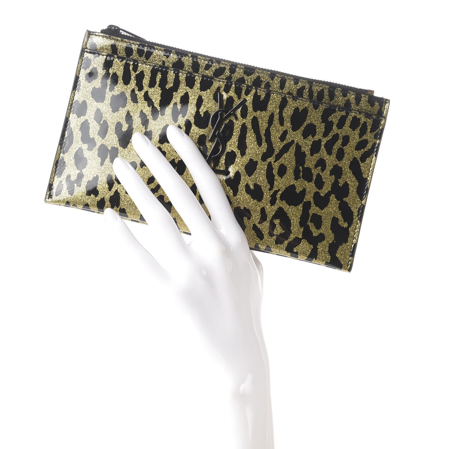 Patent Glitter Leopard Monogram Zip Pouch Gold Black