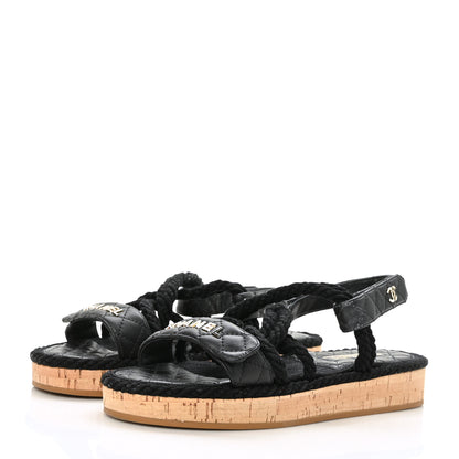 Chanel Cord Lambskin Quilted Logo Sandals 39 Black 3 of 8