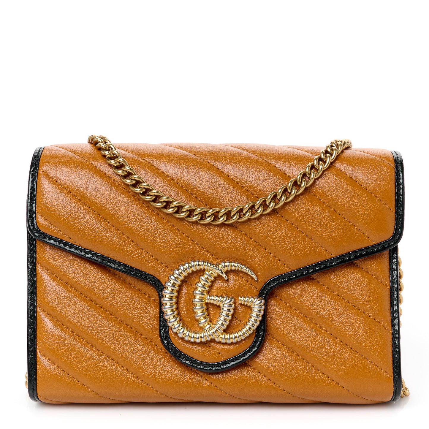 Vintage Effect Calfskin Matelasse Diagonal Torchon GG Marmont Chain Wallet Cognac
