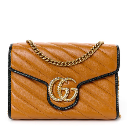 Gucci Vintage Effect Calfskin Matelasse Diagonal Torchon GG Marmont Chain Wallet Cognac 1 of 10