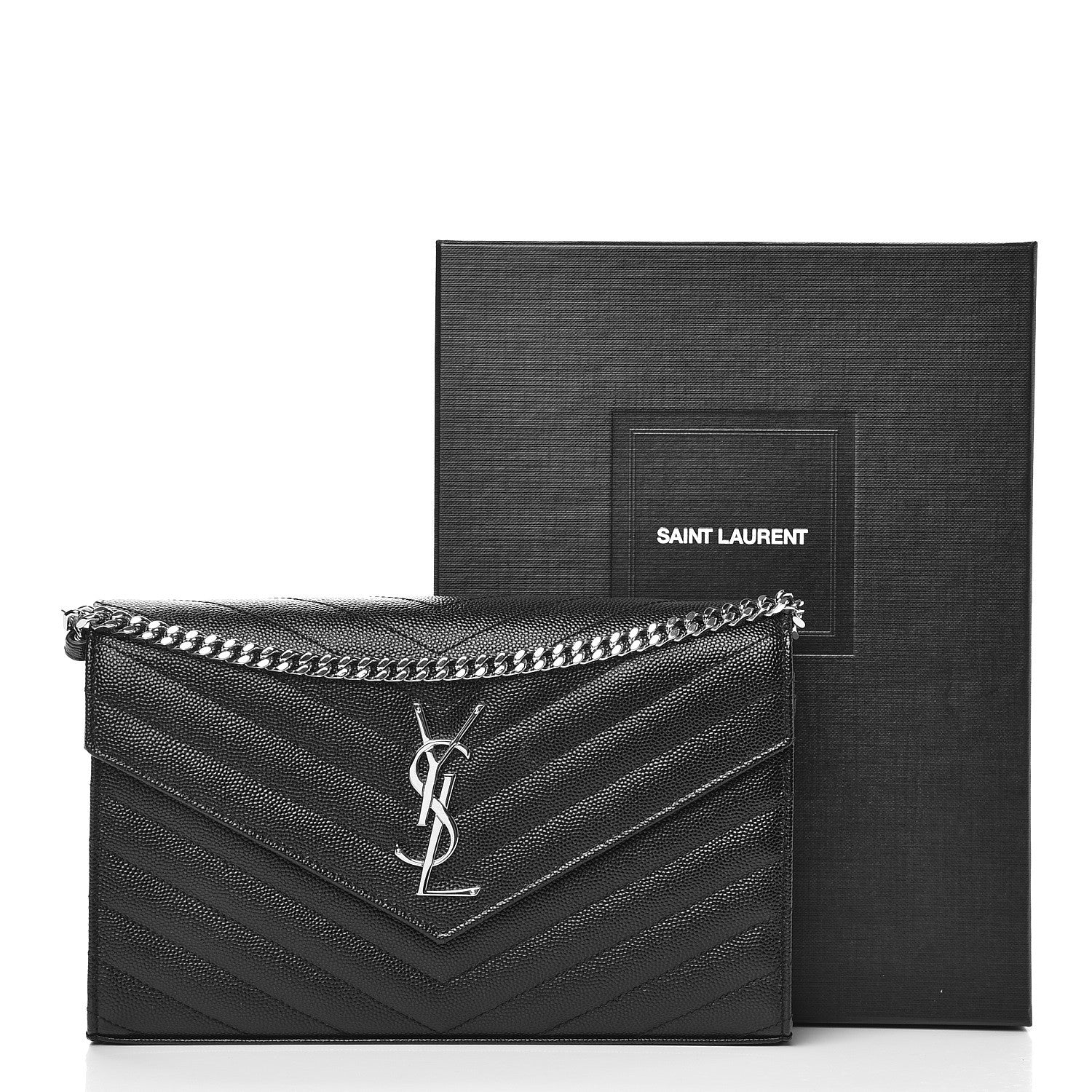 Saint Laurent Grain De Poudre Matelasse Chevron Monogram Chain Wallet Black 7 of 7