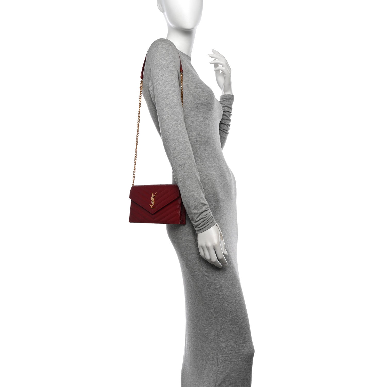 Saint Laurent Grain De Poudre Matelasse Chevron Monogram Envelope Chain Wallet Opyum Red 2 of 11