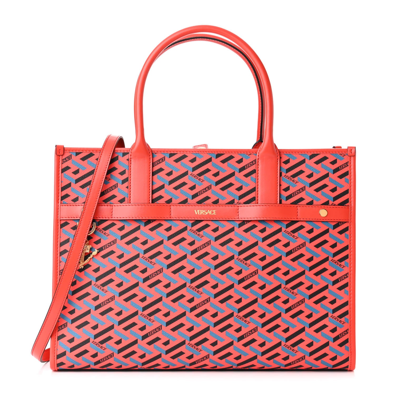 Versace Coated Canvas Calfskin La Greca Signature Tote Bag Blue Red 1 of 9