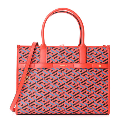 Versace Coated Canvas Calfskin La Greca Signature Tote Bag Blue Red 1 of 9