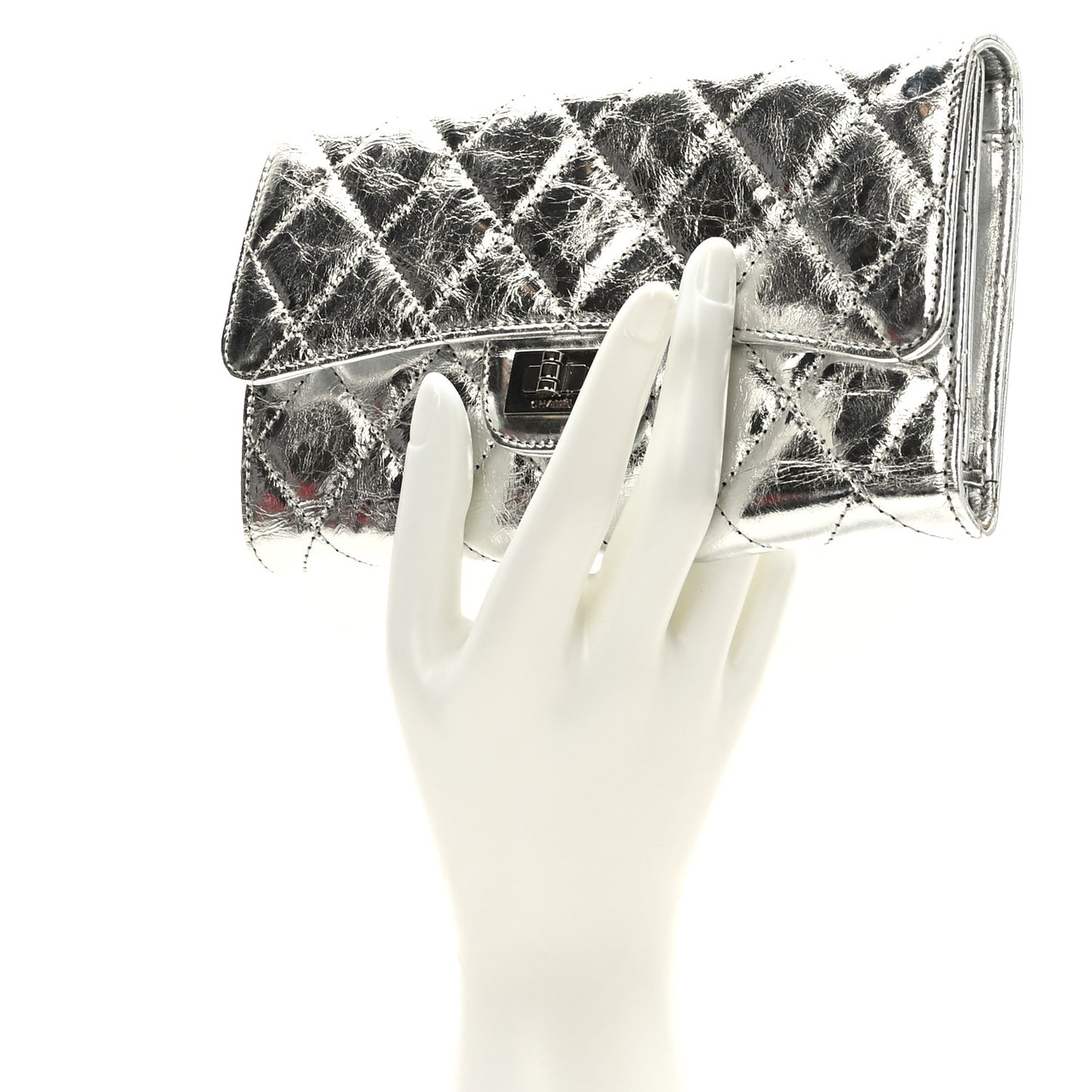 Metallic Aged Calfskin Quilted Reissue Long Flap Wallet Light Silver