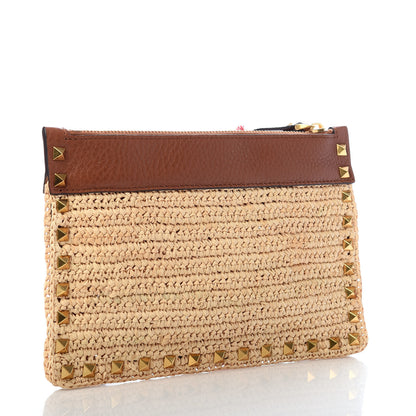 Valentino Garavani Raffia Calfskin Small Rockstud Zip Pouch Natural Saddle Brown 3 of 6