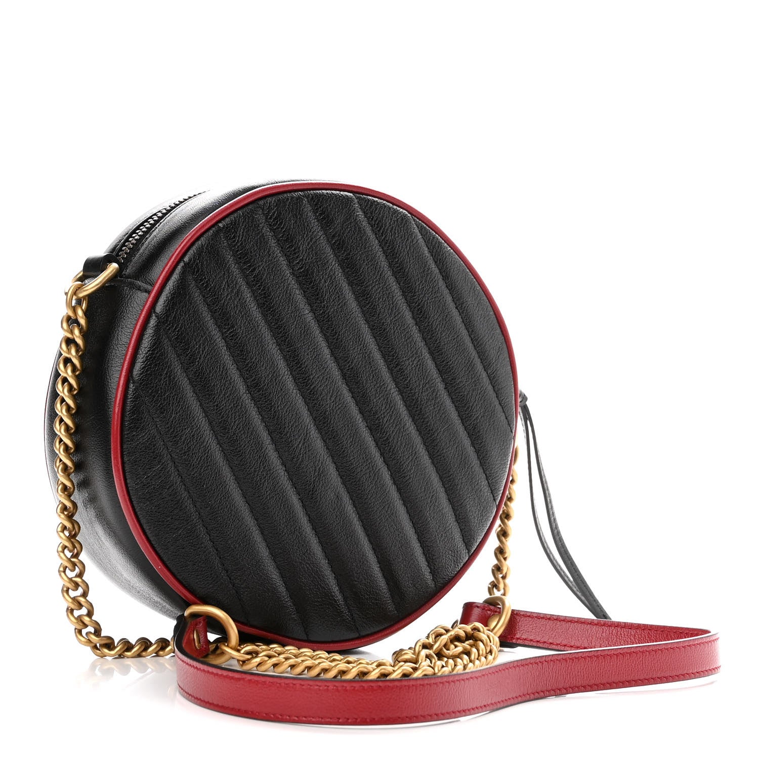 Gucci Vintage Effect Calfskin Matelasse Diagonal Mini Torchon GG Marmont Round Shoulder Bag Black Romantic Cherry 3 of 9