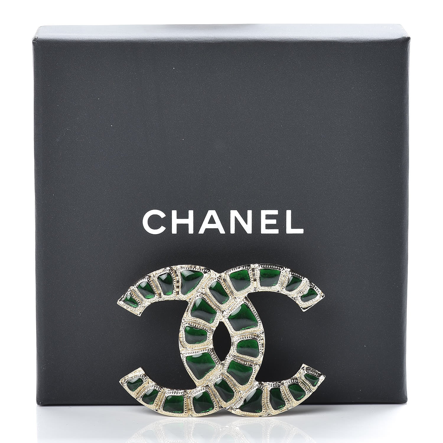 Chanel Gripoix Poured Glass Along The Nile CC Brooch Green Gold 5 of 5