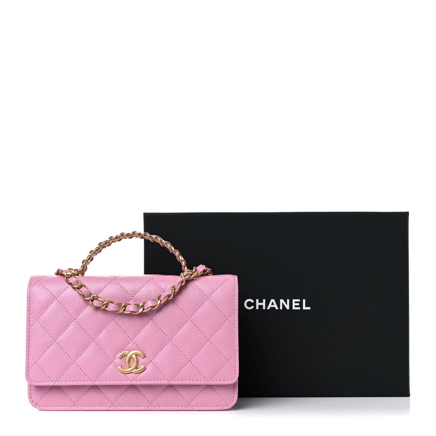 Shiny Caviar Quilted Pick Me Up Wallet On Chain WOC Pink
