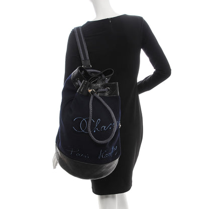Chanel Wool Calfskin Embroidered Paris Hamburg Drawstring Backpack Navy Blue 2 of 9