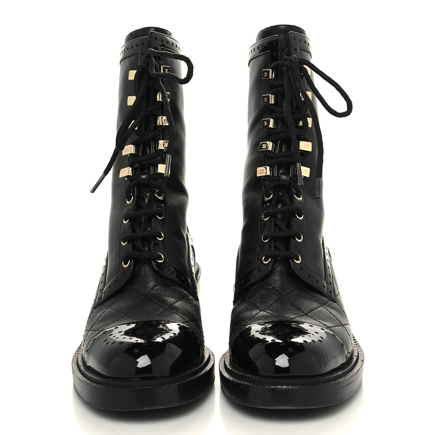 Lambskin Patent Calfskin Quilted CC Lace Up Combat Boots 37 Black