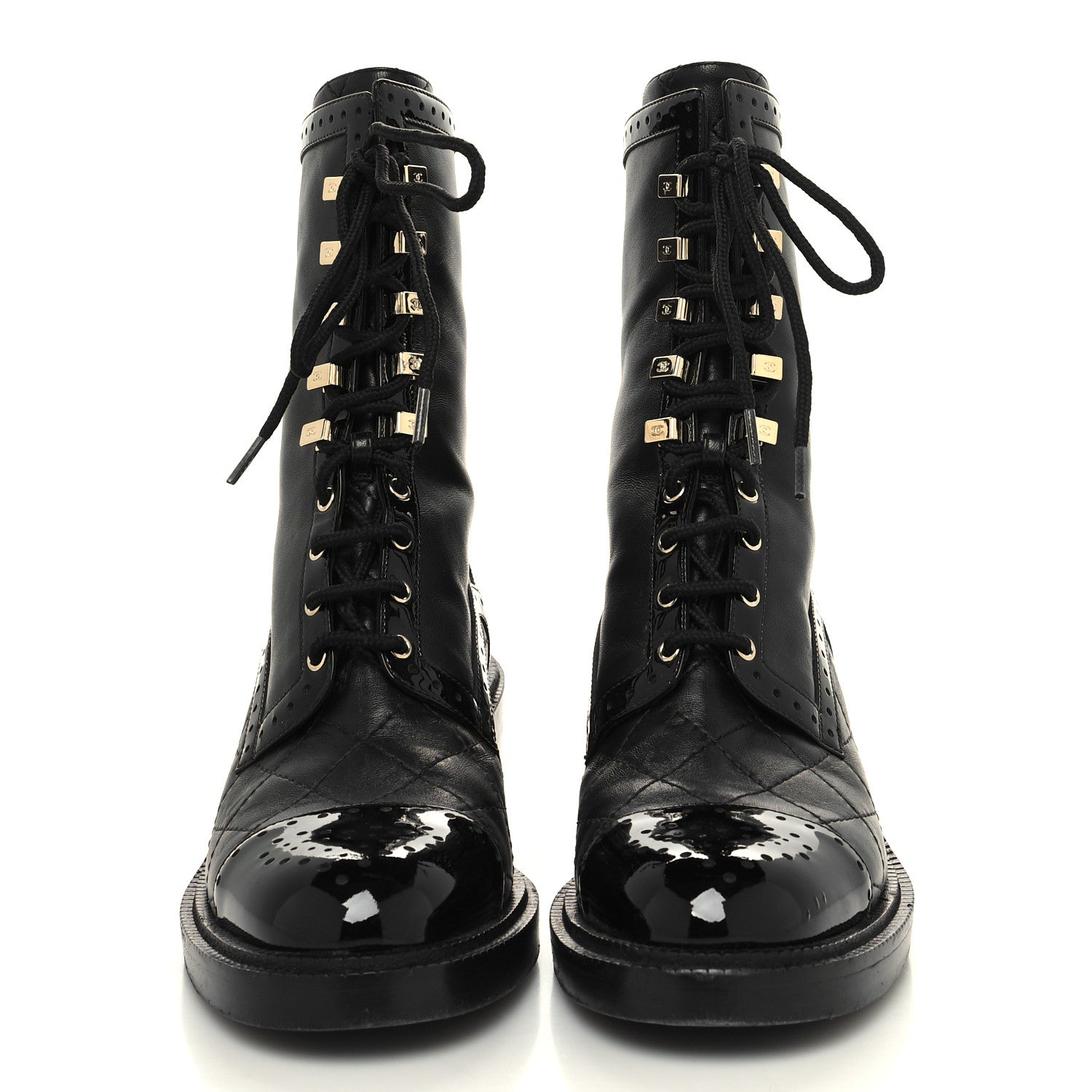 Chanel Lambskin Patent Calfskin Quilted CC Lace Up Combat Boots 37 Black 2 of 9