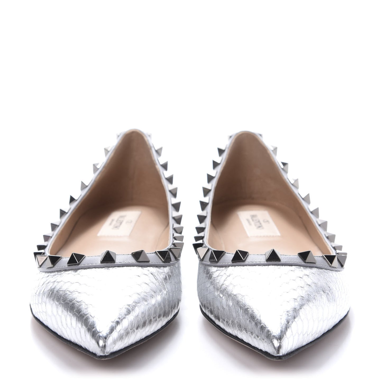 Metallic Elaphe Snakeskin Rockstud Ballerina Flats 37.5 Silver
