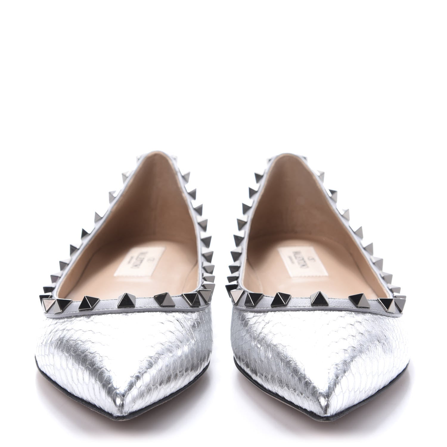 Valentino Garavani Metallic Elaphe Snakeskin Rockstud Ballerina Flats 37.5 Silver 2 of 8