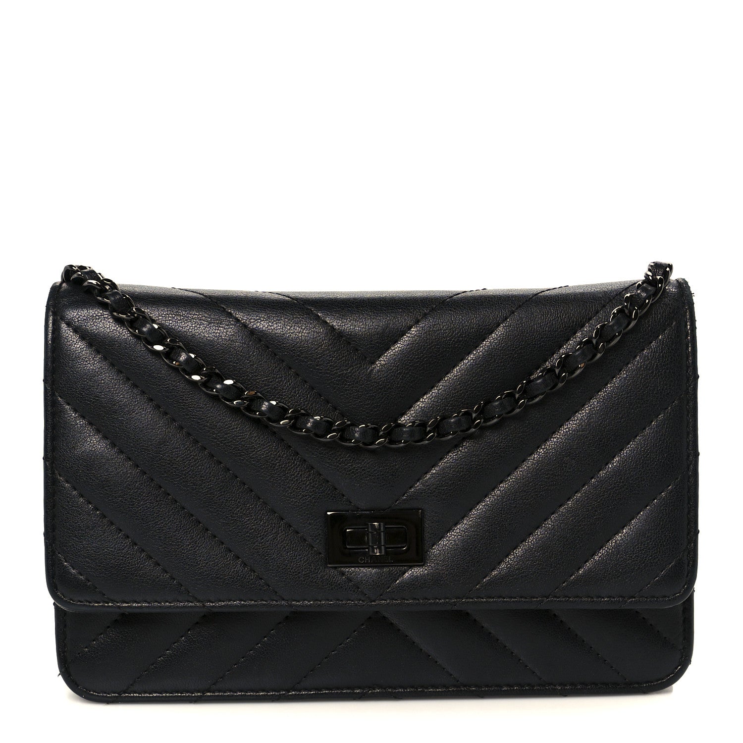 Chanel Sheepskin Chevron Reissue Wallet On Chain WOC So Black 1 of 12