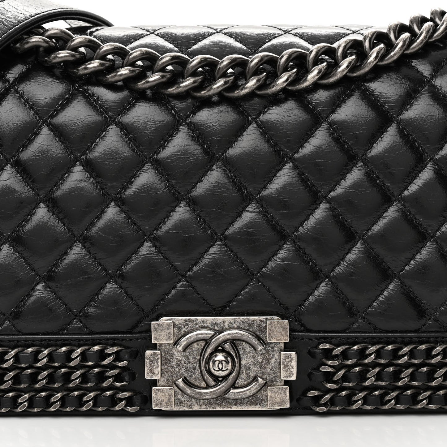 Glazed Calfskin Quilted Medium Chain Around Boy Flap Black