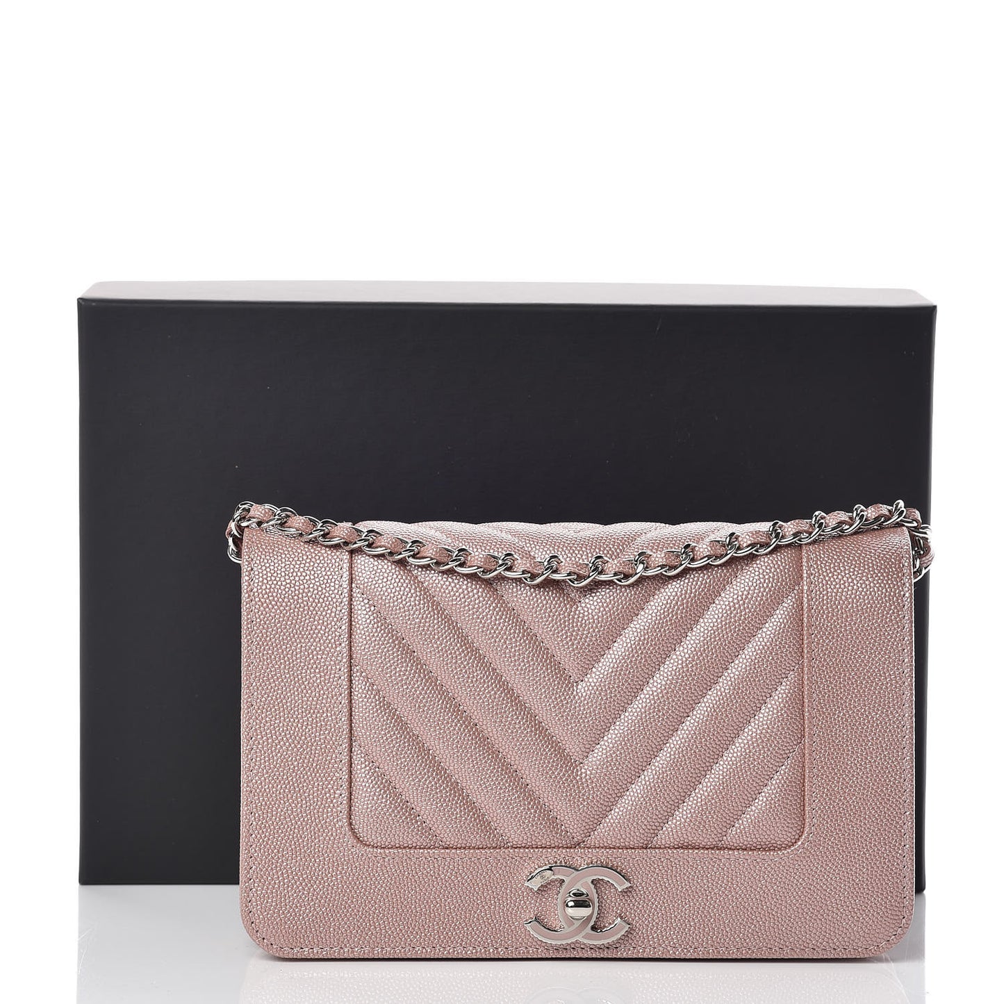 Metallic Caviar Chevron Quilted Vintage Mademoiselle Wallet On Chain WOC Pink