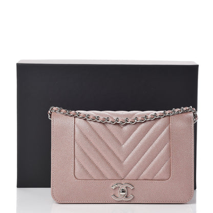 Chanel Metallic Caviar Chevron Quilted Vintage Mademoiselle Wallet On Chain WOC Pink 10 of 10