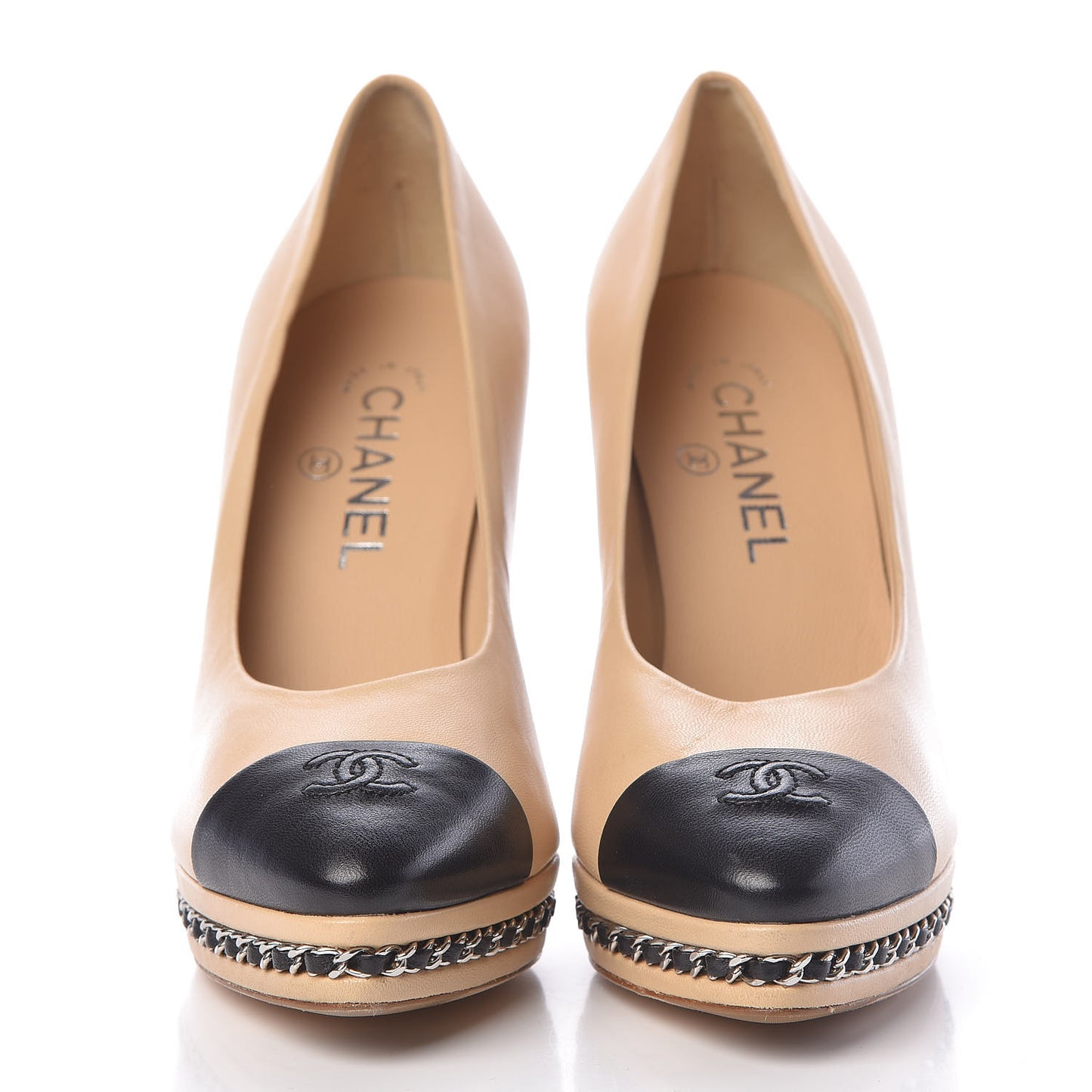 Calfskin CC Cap Toe Platform Chain Pumps 38.5 Beige Black