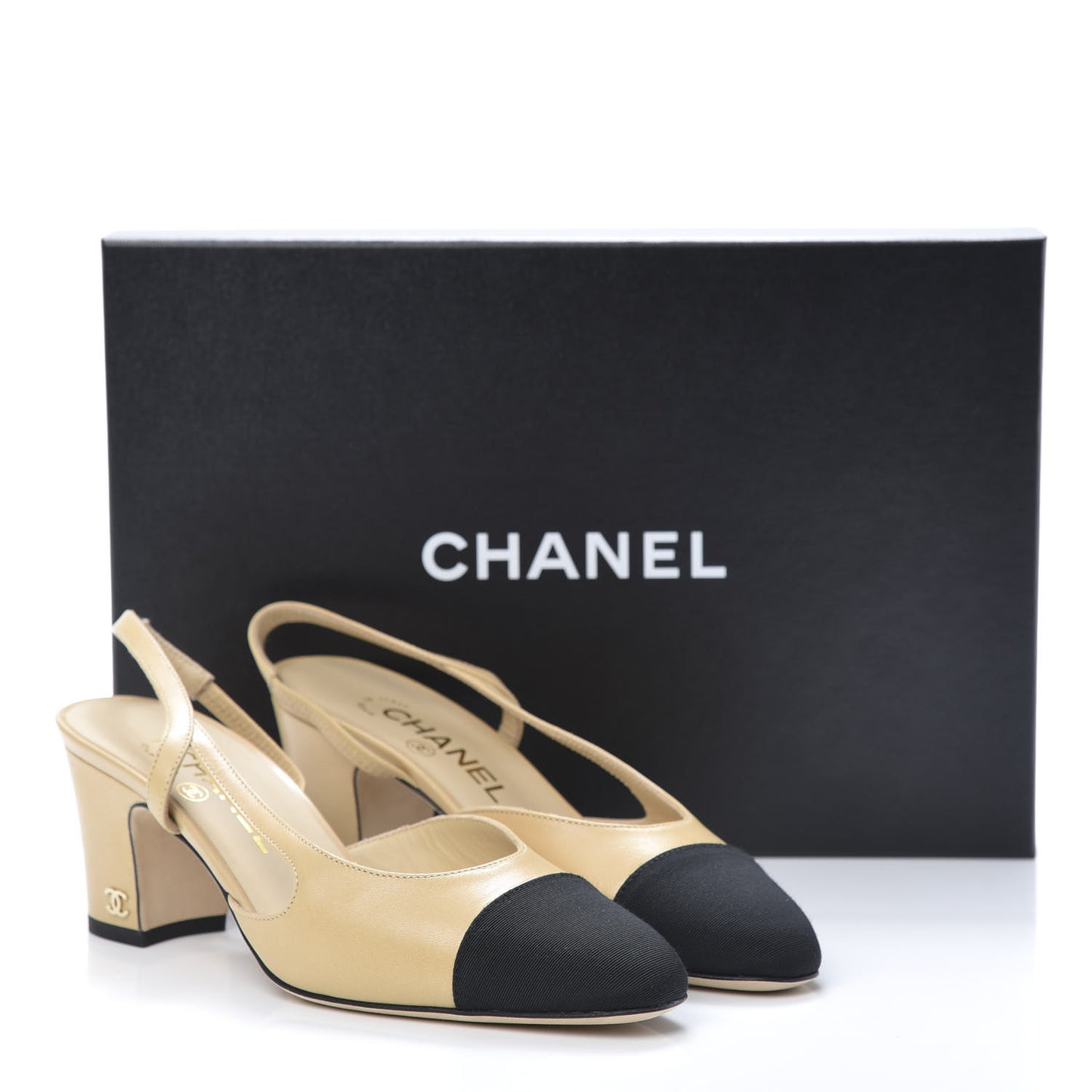 Goatskin Grosgrain Cap Toe CC Slingback Pumps 36 Beige Black