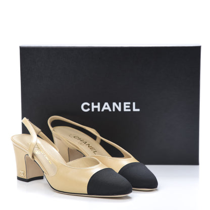 Chanel Goatskin Grosgrain Cap Toe CC Slingback Pumps 36 Beige Black 9 of 9