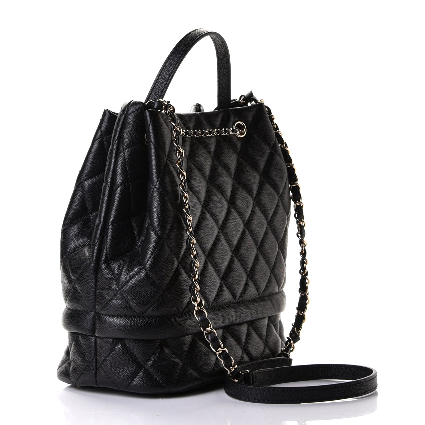 Caviar Quilted Large Rolled Up Bucket Drawstring Bag Black