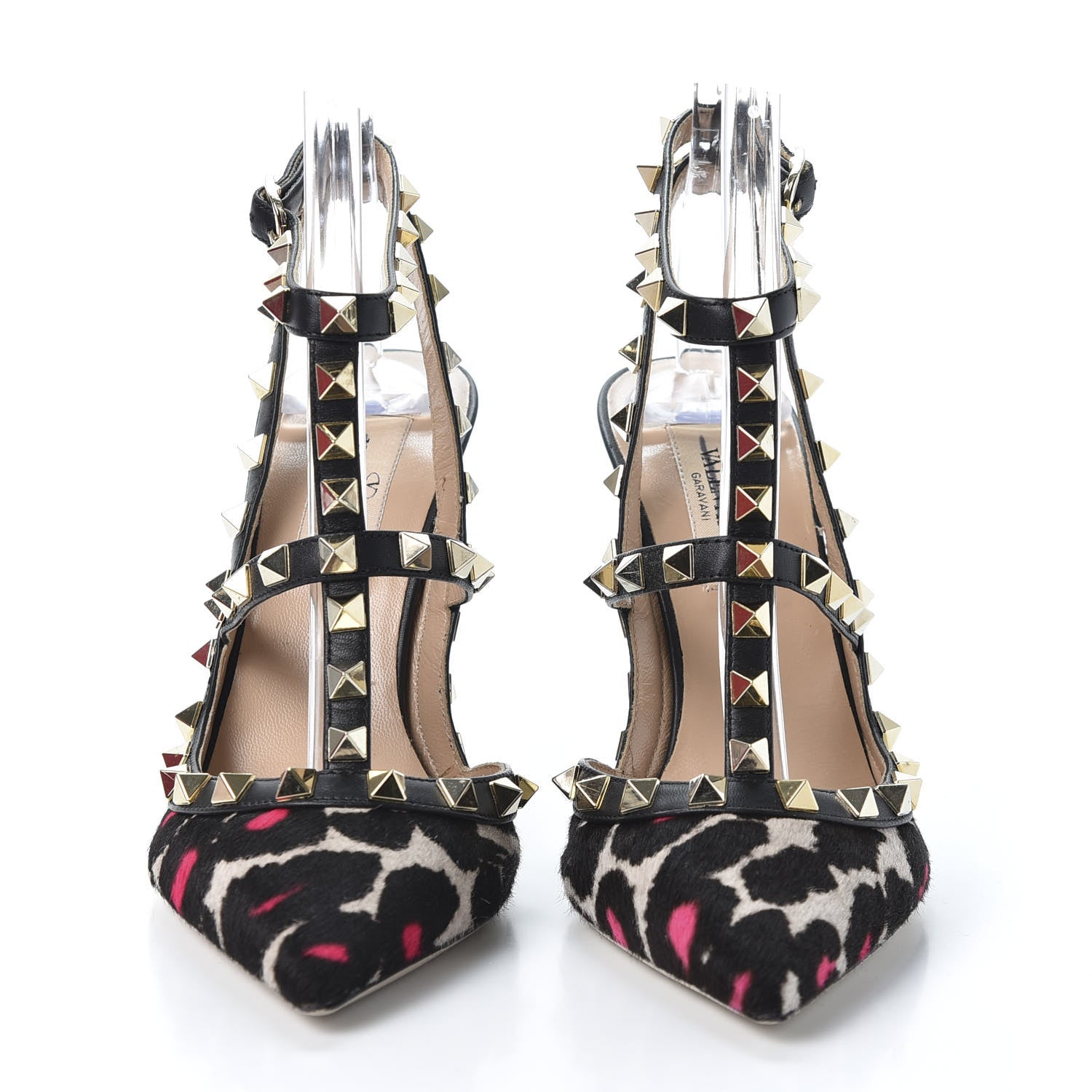 Valentino Garavani Calf Hair Leopard Print Rockstud Ankle Strap Pumps 35.5 Black Pink 3 of 9