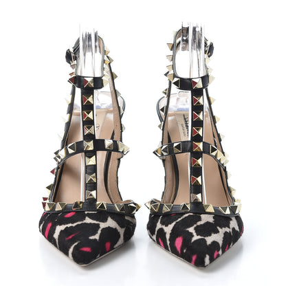 Valentino Garavani Calf Hair Leopard Print Rockstud Ankle Strap Pumps 35.5 Black Pink 3 of 9