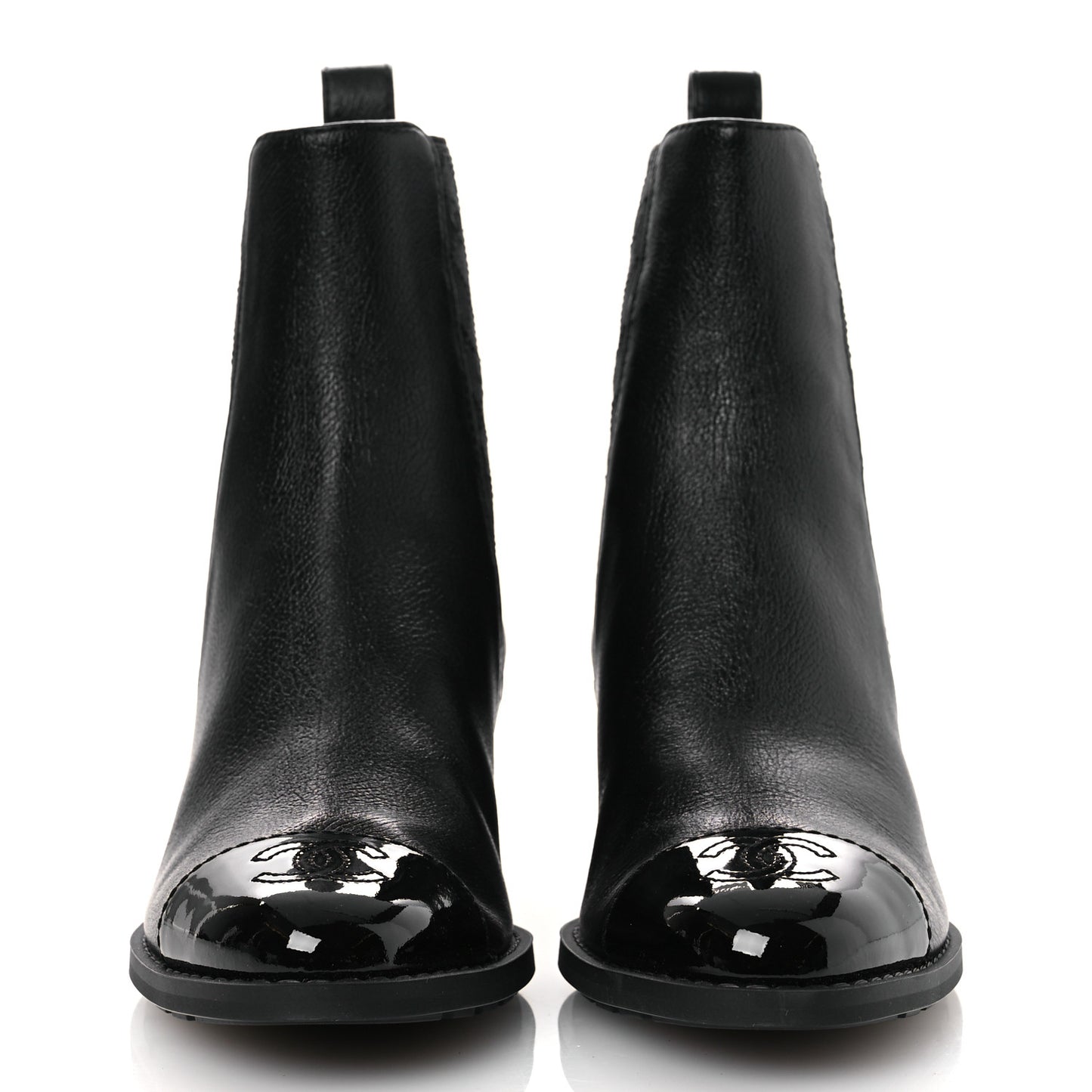 Shiny Grained Calfskin Patent Cap Toe Interlocking CC Short Boots 37.5 Black