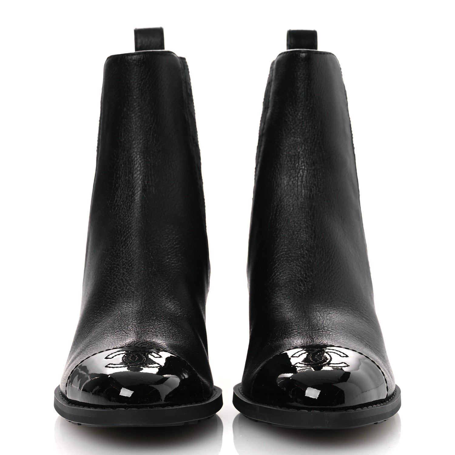 Chanel Shiny Grained Calfskin Patent Cap Toe Interlocking CC Short Boots 37.5 Black 3 of 12