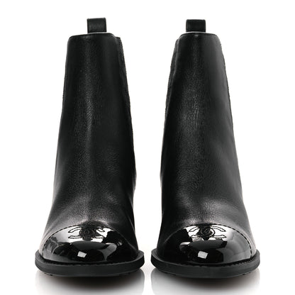 Chanel Shiny Grained Calfskin Patent Cap Toe Interlocking CC Short Boots 37.5 Black 3 of 12