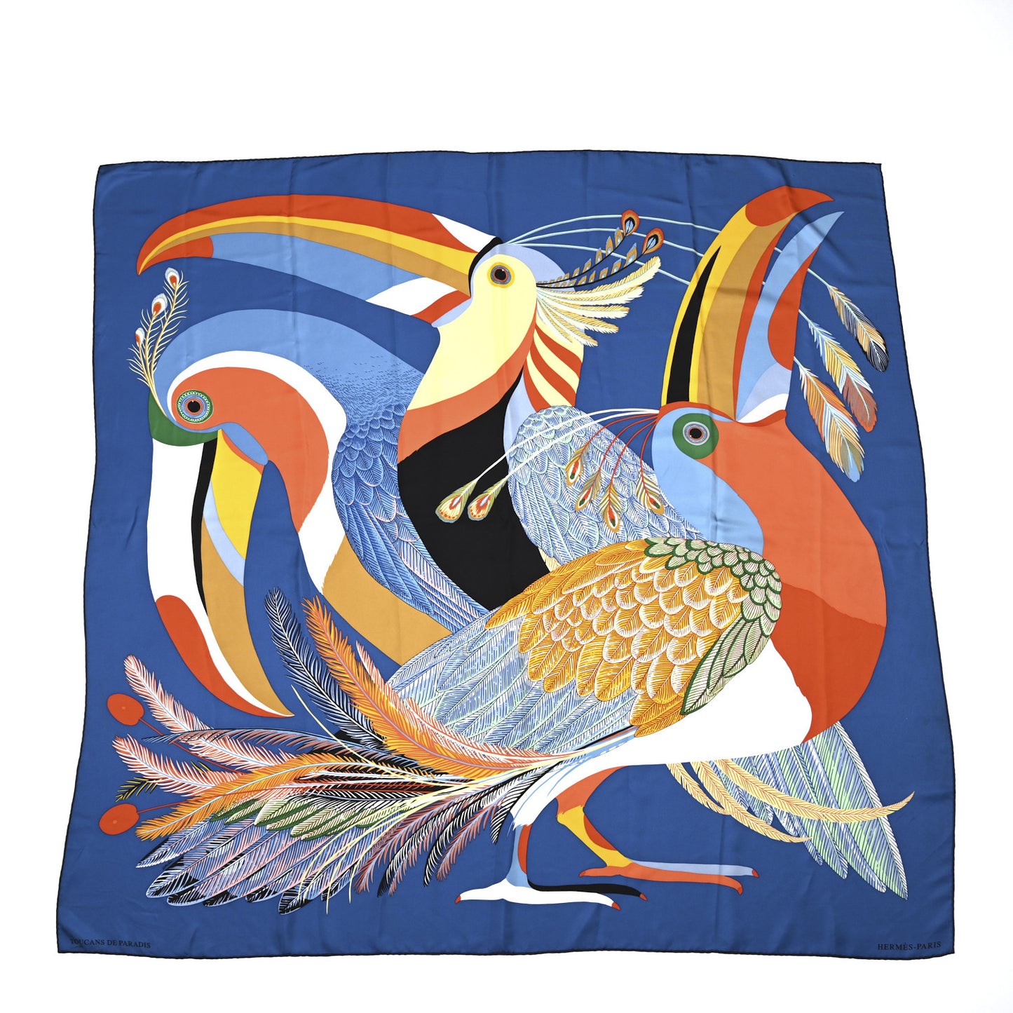 Silk Giant Toucans De Paradis Scarf 140 Bleu Cobalt Orange