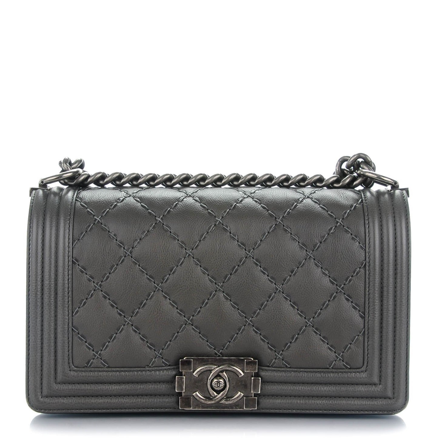 Calfskin Double Stitch Medium Boy Flap Grey