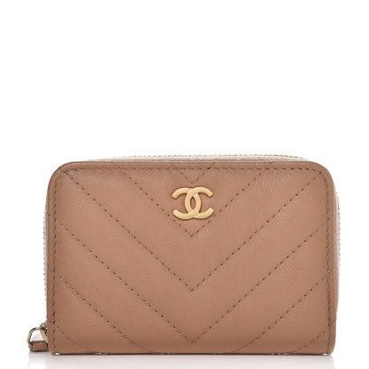 Chanel Calfskin Chevron Quilted Zip Around Coin Purse Beige 1 of 8