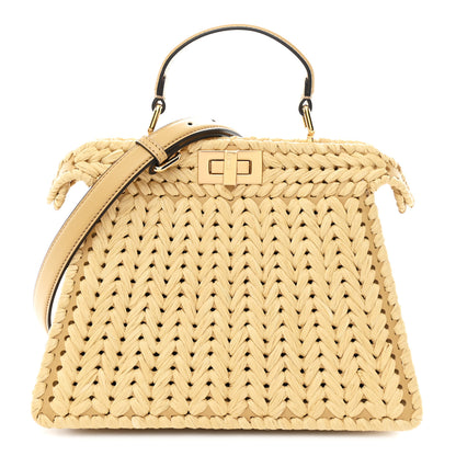 Fendi Raffia Embroidered Vitello King Shiny Nappa Intreccio Small Peekaboo I SEE U Satchel Sahara 1 of 12
