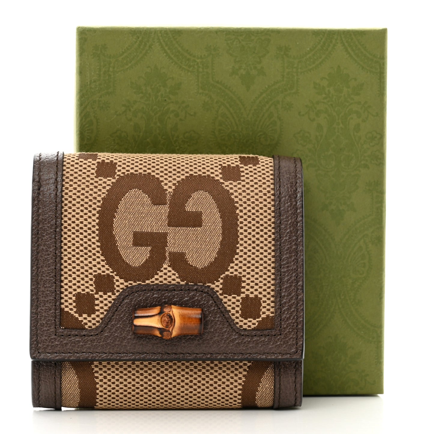 Monogram Jumbo GG Textured Dollar Calfskin Diana Compact Wallet Camel Ebony New Acero