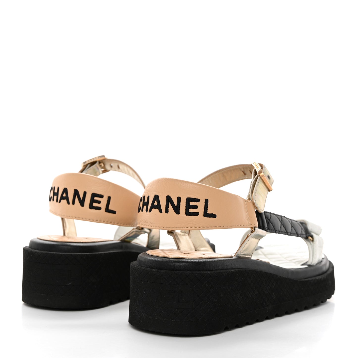 Lambskin Logo Platform Sandals 36 Beige Gold White