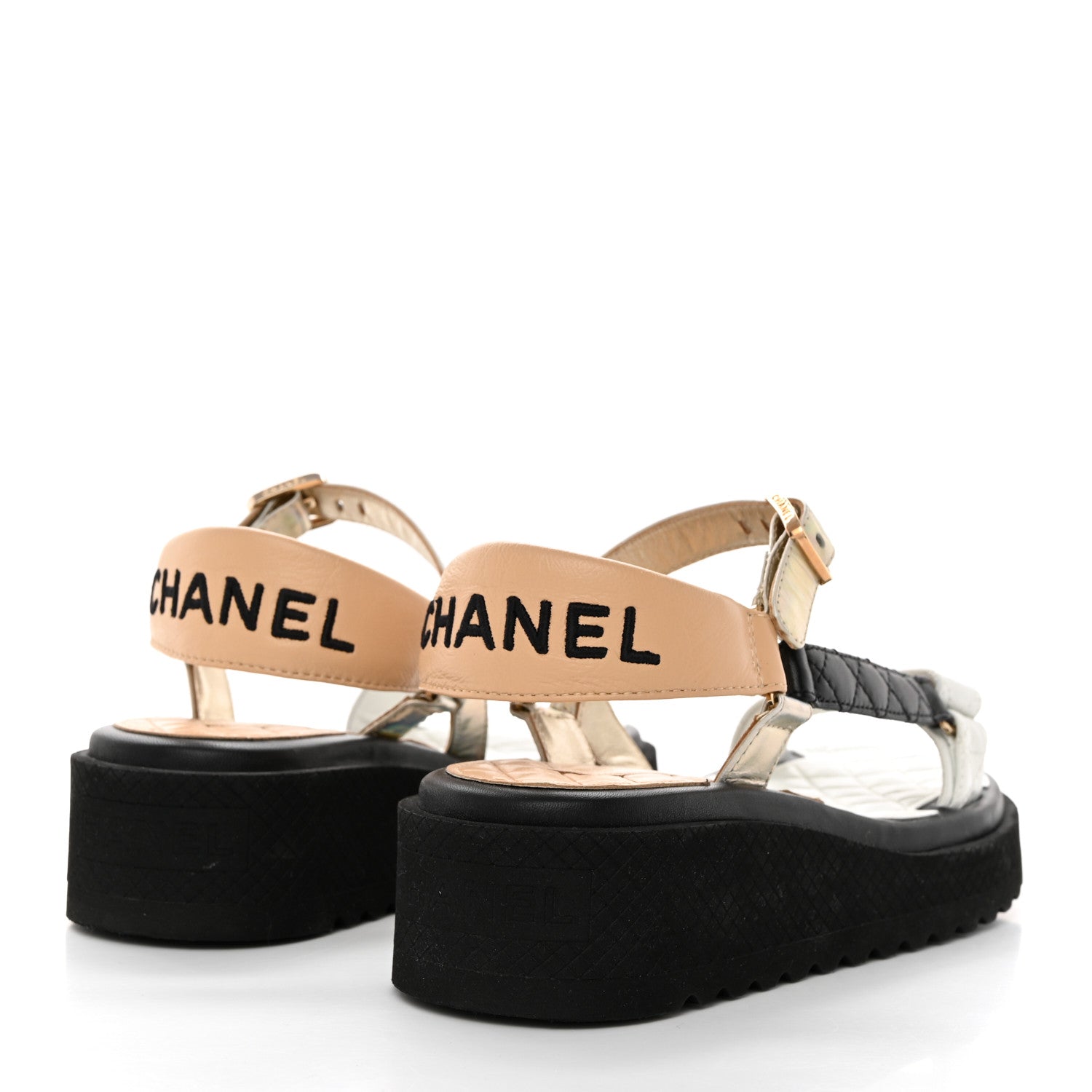 Chanel Lambskin Logo Platform Sandals 36 Beige Gold White 4 of 9