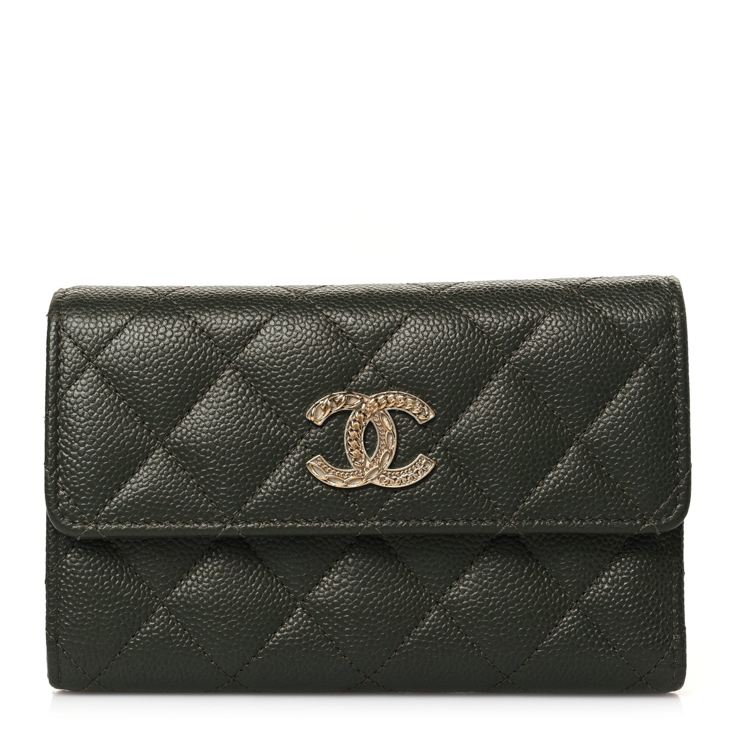 Caviar Quilted Multi Chain CC Medium Tri-Fold Flap Wallet Khaki