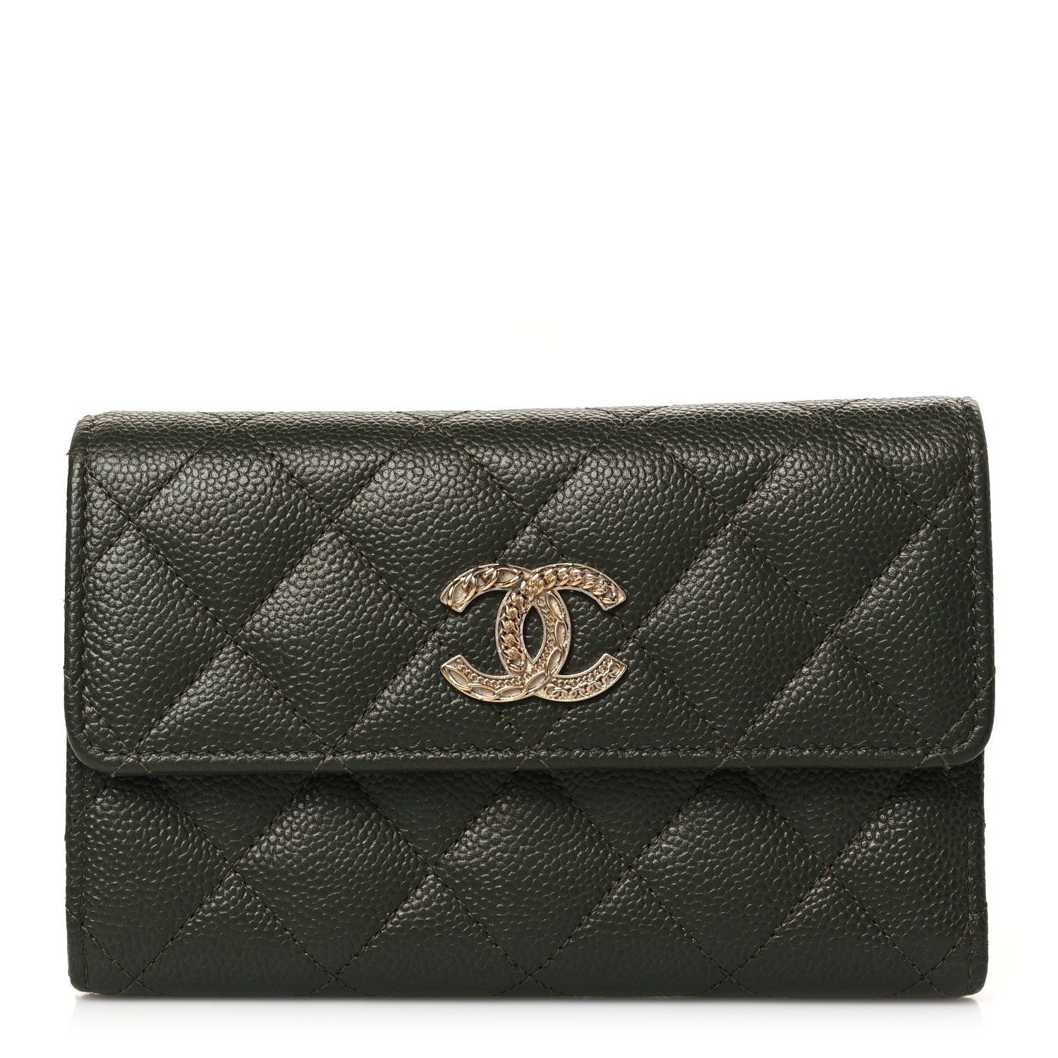 Chanel Caviar Quilted Multi Chain CC Medium Tri-Fold Flap Wallet Khaki 1 of 7