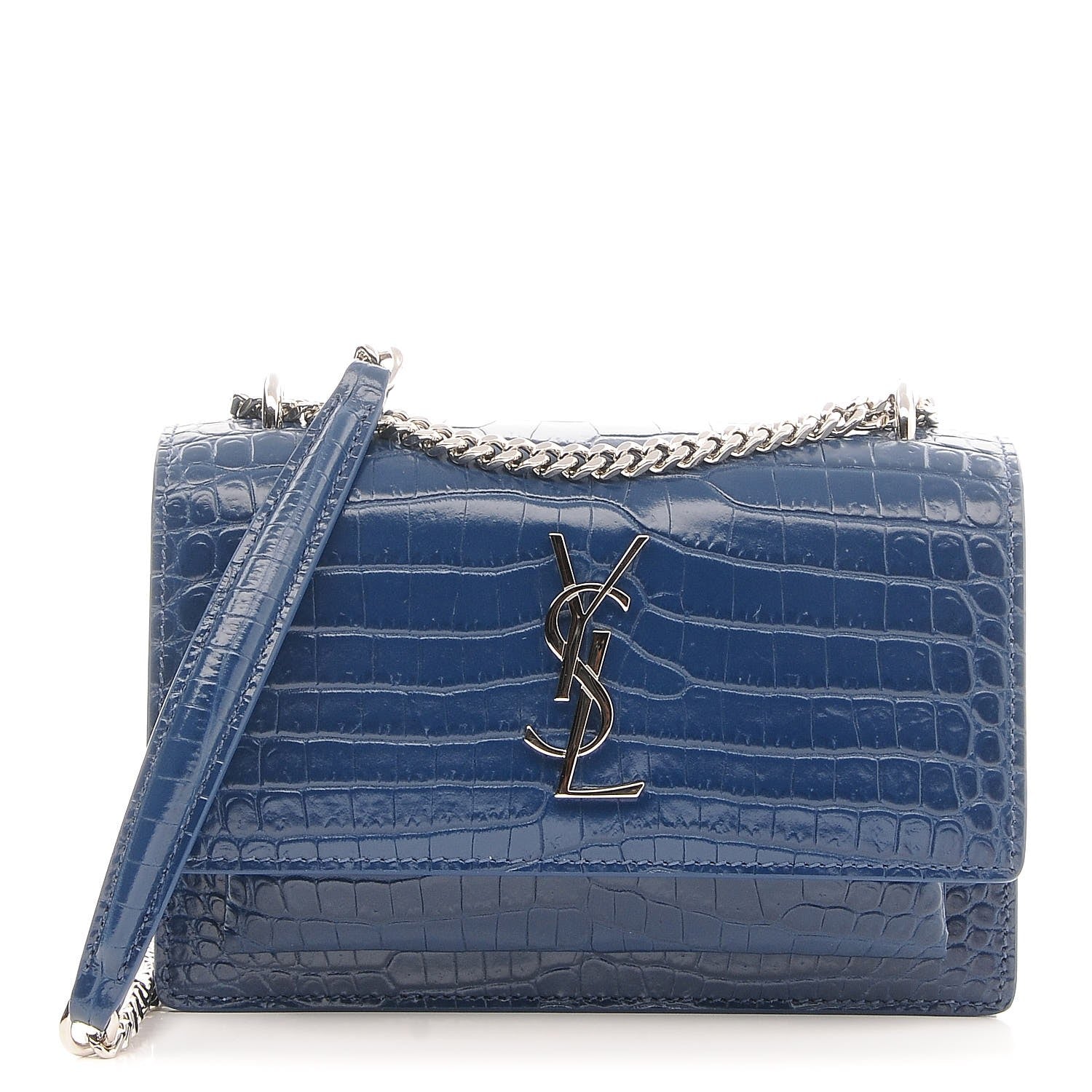 Saint Laurent Calfskin Crocodile Embossed Monogram Sunset Chain Wallet Denim 1 of 8