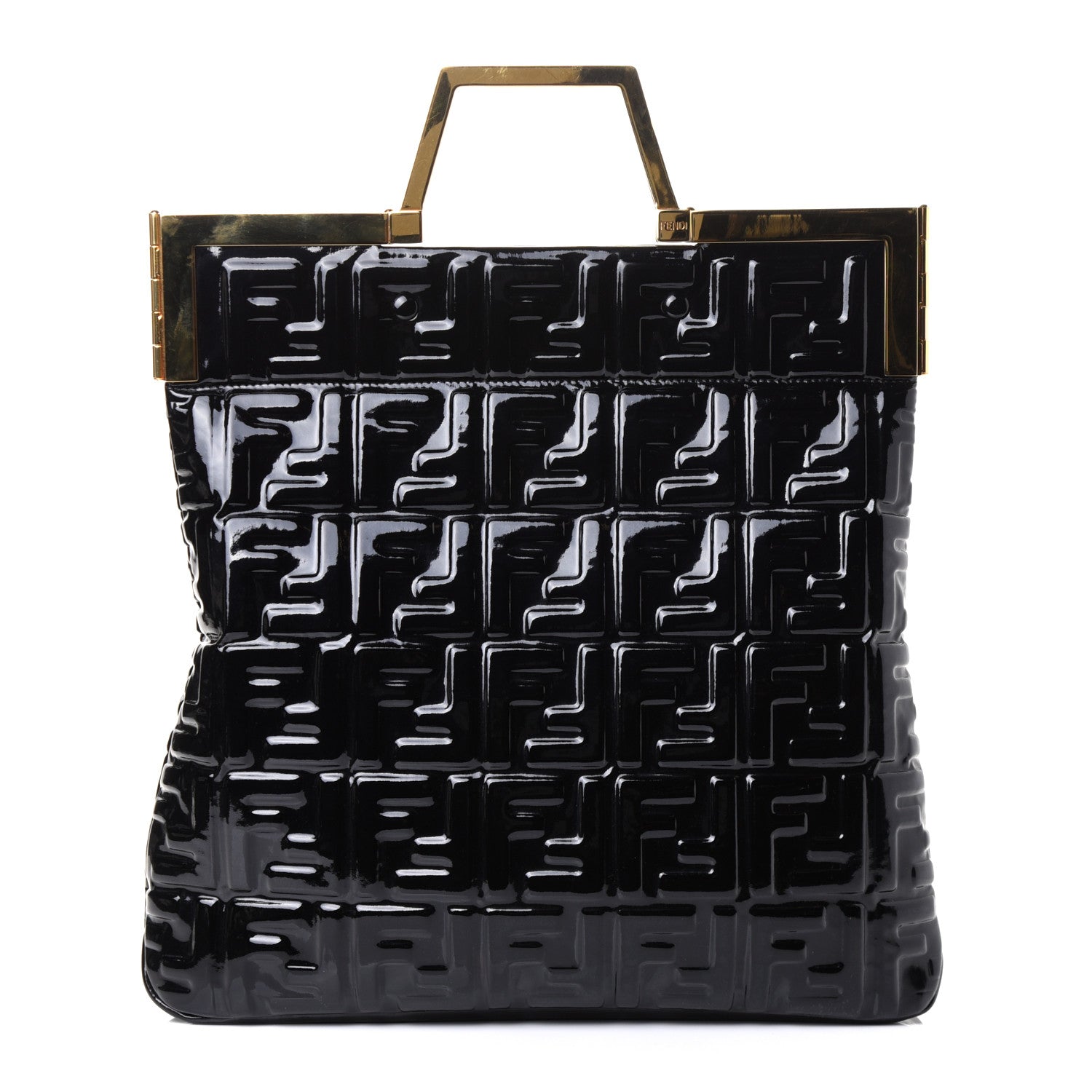 Fendi Patent FF 1974 Embossed Medium Shopping Flap Bag Black 1 of 8