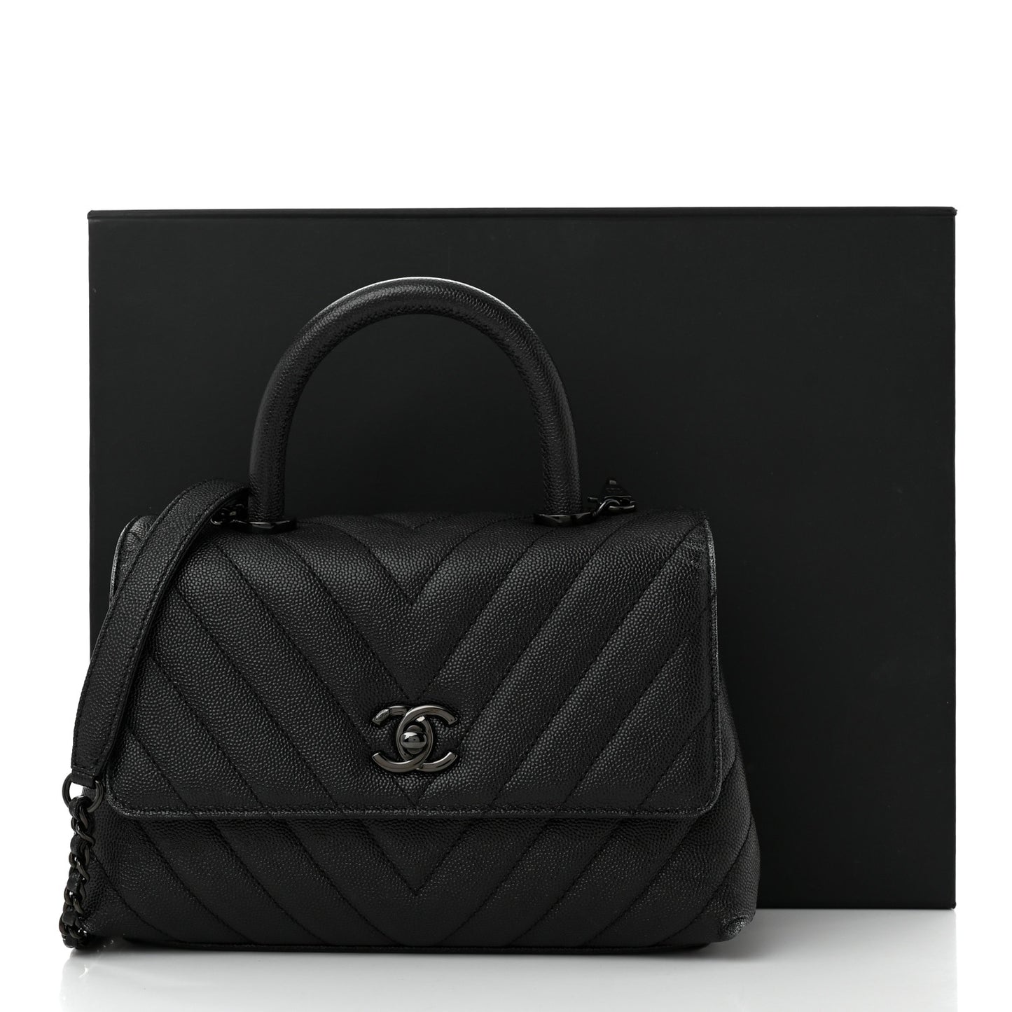 Caviar Chevron Quilted Mini Coco Handle Flap So Black