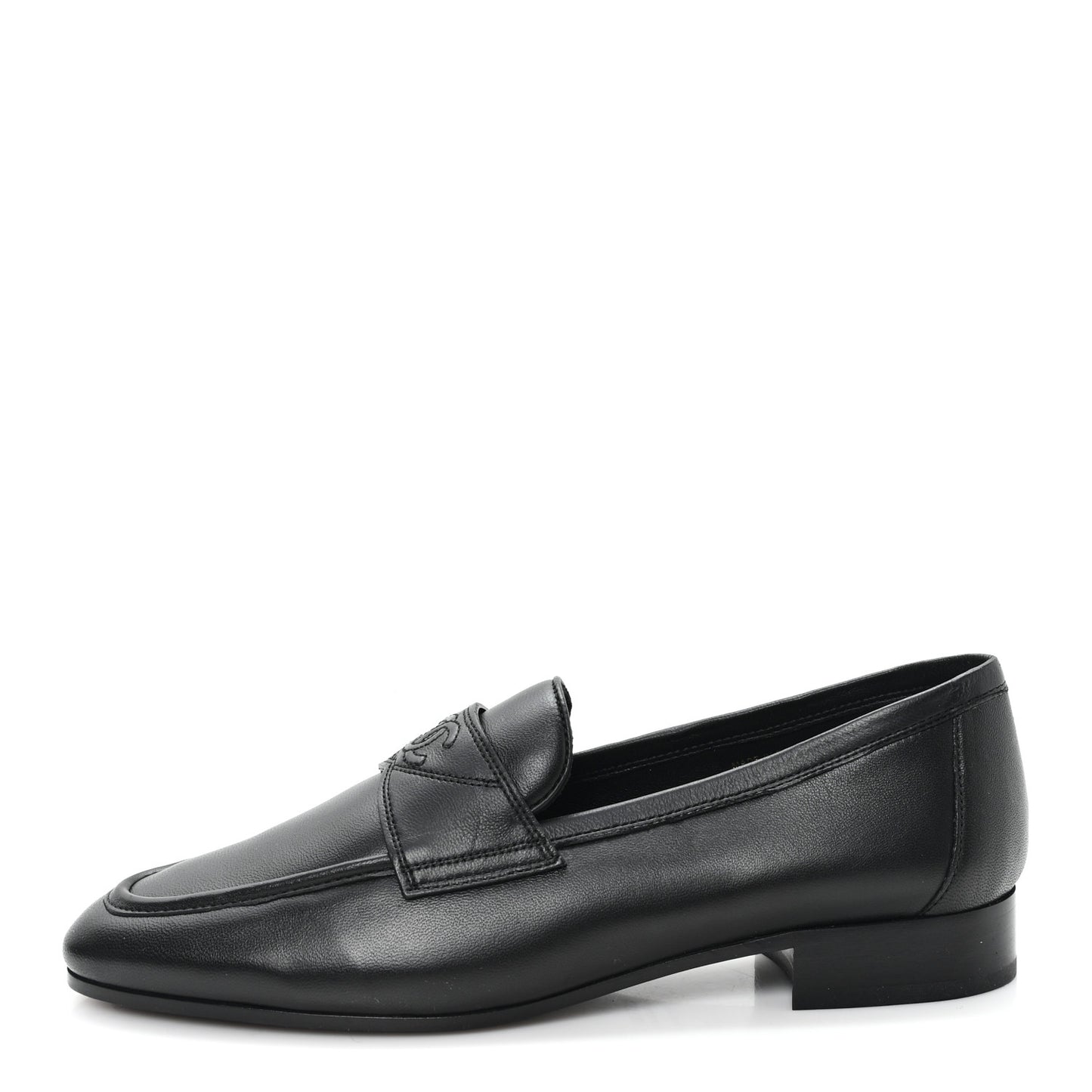 Calfskin Womens Stitched CC Loafers 38 Black