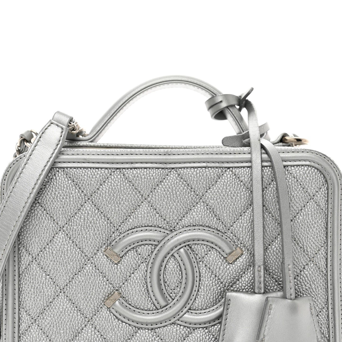 Metallic Caviar Quilted Medium CC Filigree Vanity Case Silver
