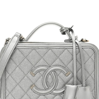 Chanel Metallic Caviar Quilted Medium CC Filigree Vanity Case Silver 5 of 12
